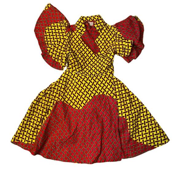 rahyma Dresses & Skirts - Yellow Black & Red Geometric Ankara Print 100% Cotton Layered Wrap Dress (S)